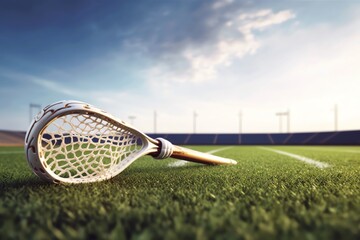 A lacrosse stick and ball on a field wallpaper