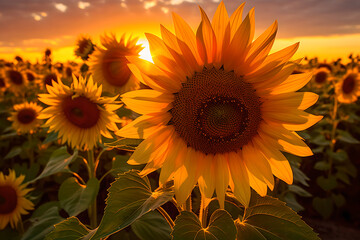 Beautiful field of blooming sunflowers against sunset golden light