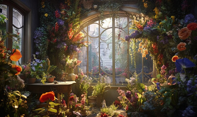  a room filled with lots of different types of flowers and plants.  generative ai