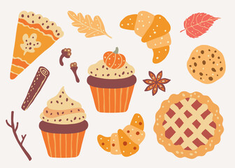 Thanksgiving holiday baking and forest leaves. Autumn mood clipart. Fall season. Set of vector illustrations.