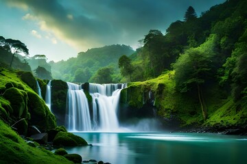 beautiful scene of waterfall from hills in the forest generated AI