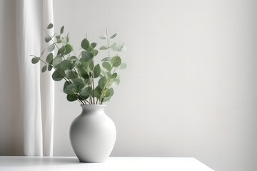 Green eucalyptus leaves in vase on white table. Minimalist still life. Light and shadow nature. Place for text, copy space, empty space.