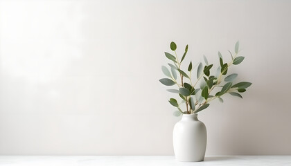 Fototapeta na wymiar Green eucalyptus leaves in vase on white table. Minimalist still life. Light and shadow nature. Place for text, copy space, empty space.