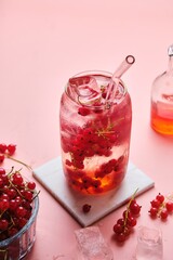 Soft drink, water with ice, syrup and red currant berries in a glass on a pink plain background. Summer drinks. Photo in one color