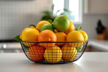 A metal wire basket full of colorful citrus fruits wallpaper