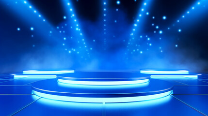 Empty blue festive stage with light beams and shines glow, empty room at night background with copy space for award ceremony, jubilee or product presentations. Generative AI