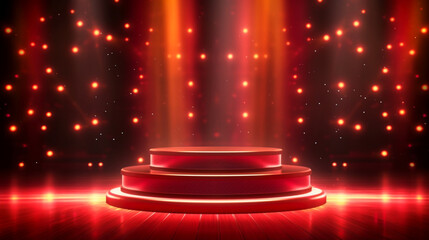 Empty purple festive stage with light beams and shines glow, empty room at night background with copy space for award ceremony, jubilee or product presentations. Generative AI