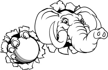 An elephant Cricket sports animal mascot holding a ball and breaking through the background