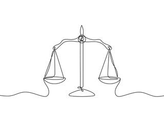 One line continuous justice scales sign isolated on white background. Hand drawn balance symbol. - obrazy, fototapety, plakaty