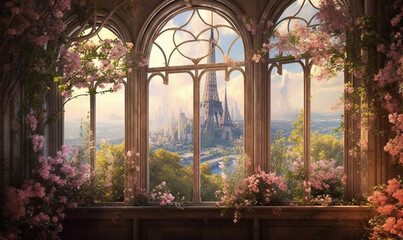 Fototapeta na wymiar a window with a view of a castle and a city. generative ai