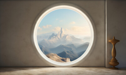  a round window with a view of a mountain range in it.  generative ai