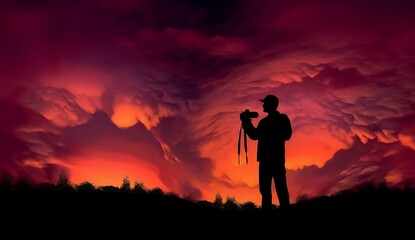 Photographer with camera on the hill with sunset sky background ai generated