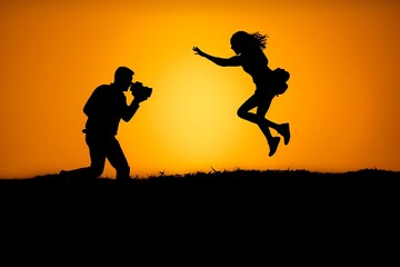 Fototapeta na wymiar Silhouette of man and woman jumping on the hill with sunset ai generated
