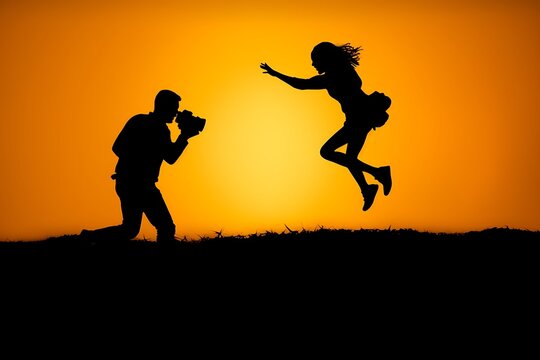 Silhouette of man and woman jumping on the hill with sunset ai generated