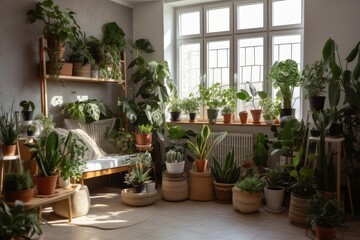 Different houseplants sun light. Generate Ai