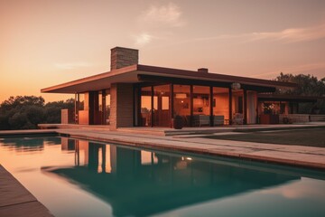 Exterior of modern house with swimming pool at sunset. Created with generative AI