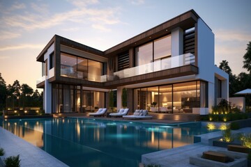 Exterior of modern house with swimming pool at sunset. Created with generative AI