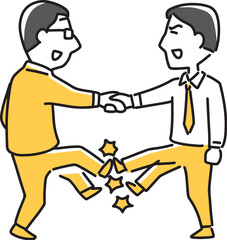 握手しながら蹴り合いするビジネスマン