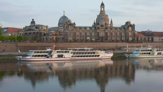 View of the city center of Dresden. Dresden, Germany. Large ships on the Elbe rive