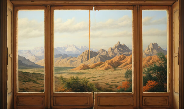 Fototapeta  a painting of a mountain landscape is seen through a window.  generative ai