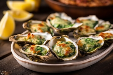 Exquisite Oysters Rockefeller on Wooden Table - Created with Generative AI Tools