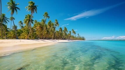 Tropical beach in Punta Cana, Dominican Republic. Palm trees on sandy island in the ocean Generative AI - obrazy, fototapety, plakaty