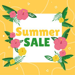 Summer sale vector banner template.Special offer banner with flowers and tropical leafs.