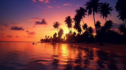 Fototapeta na wymiar Beautiful tropical beach with palm trees silhouettes at dusk Generative AI