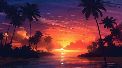 Obraz na płótnie Canvas Beautiful tropical beach with palm trees silhouettes at dusk Generative AI