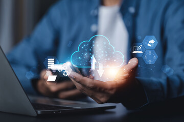 Big data and analytics visualization technology with Database storage cloud technology file data transfer sharing , Networking and internet service concept.	
