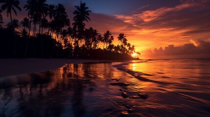 Beautiful tropical beach with palm trees silhouettes at dusk Generative AI