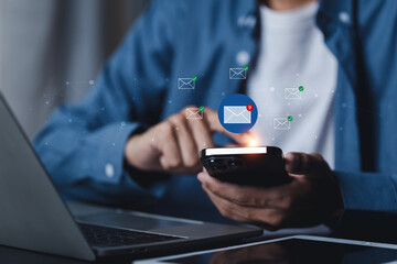 Businessman using folder and document icon software, searching and managing files online , database and document management system concept.	
