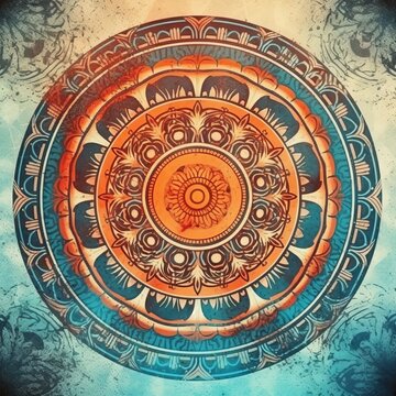 mandala colorful vintage art, ancient Indian vedic background design, old painting texture Generative AI