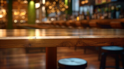 Fototapeta na wymiar Restaurant ambiance softly envelops the wooden table's. Generative Ai