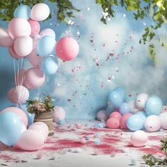Selbstklebende Fototapete Ballon gender reveal backdrop featuring pastel blue and red smoke clouds, festive balloons and confetti