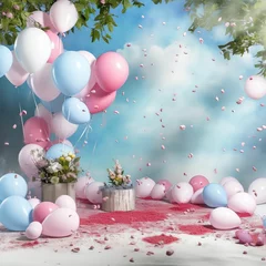 Photo sur Plexiglas Ballon gender reveal backdrop featuring pastel blue and red smoke clouds, festive balloons and confetti
