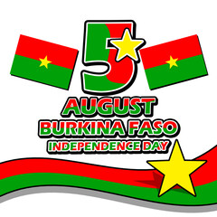 Burkina Faso flag with ribbons, number, stars and bold text on white background to commemorate Burkina Faso Independence Day on August 5