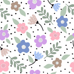 Seamless Flower pattern with leaves and dots on white background.spring flower pattern. Vector illustration.