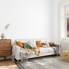 Free PNG wallpaper mockup in Interior Living Room with transparent background, Scandinavian style, 3D rendering