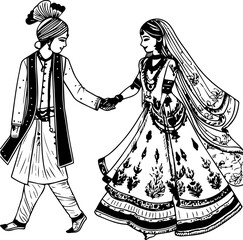 Fototapeta na wymiar Indian Groom and Bride Black and White coloring page