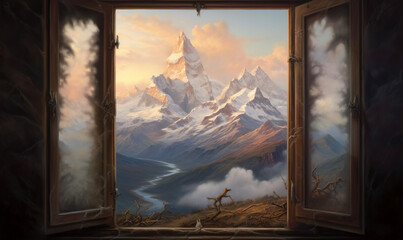  a painting of a mountain view from a window with a view of a valley.  generative ai