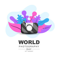 Happy world photography day, on 19th august, flat style greeting design with colorful leaves and camera decoration. Vector illustration