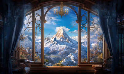  a painting of a snowy mountain seen through a window with a chandelier.  generative ai