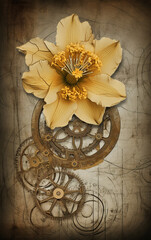 Floral, vintage background, peony, flover, products, enginer, generative, ai, steampunk,clockwork, brooch, Narcissus