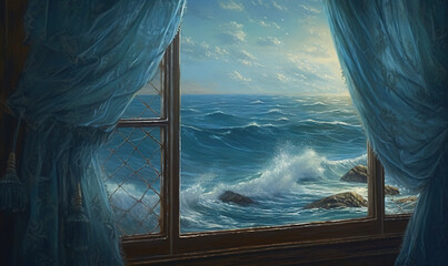  a painting of a window overlooking a body of water with waves.  generative ai