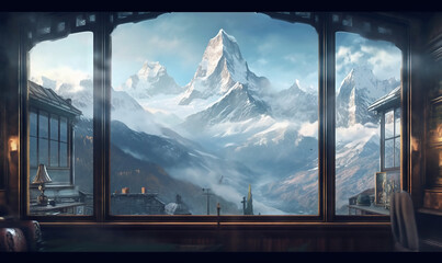  a window view of a snowy mountain with a clock on it.  generative ai