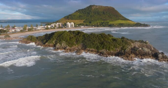 Aerial: Leisure Island and ocean in Mount Maunganui, New Zealand