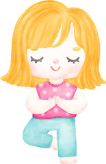 Cute playful Kid Doing Yoga  tree pose in Pastel Watercolor whimsical Cartoon Illustration