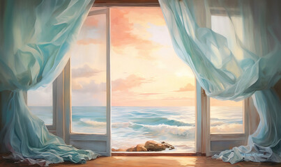  a painting of an open window with a view of the ocean.  generative ai