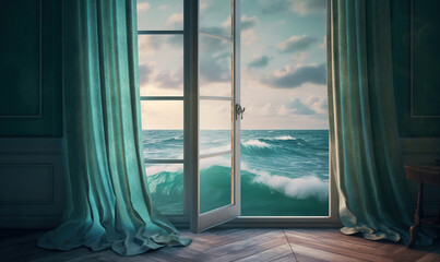  an open window with a view of the ocean and the sky.  generative ai